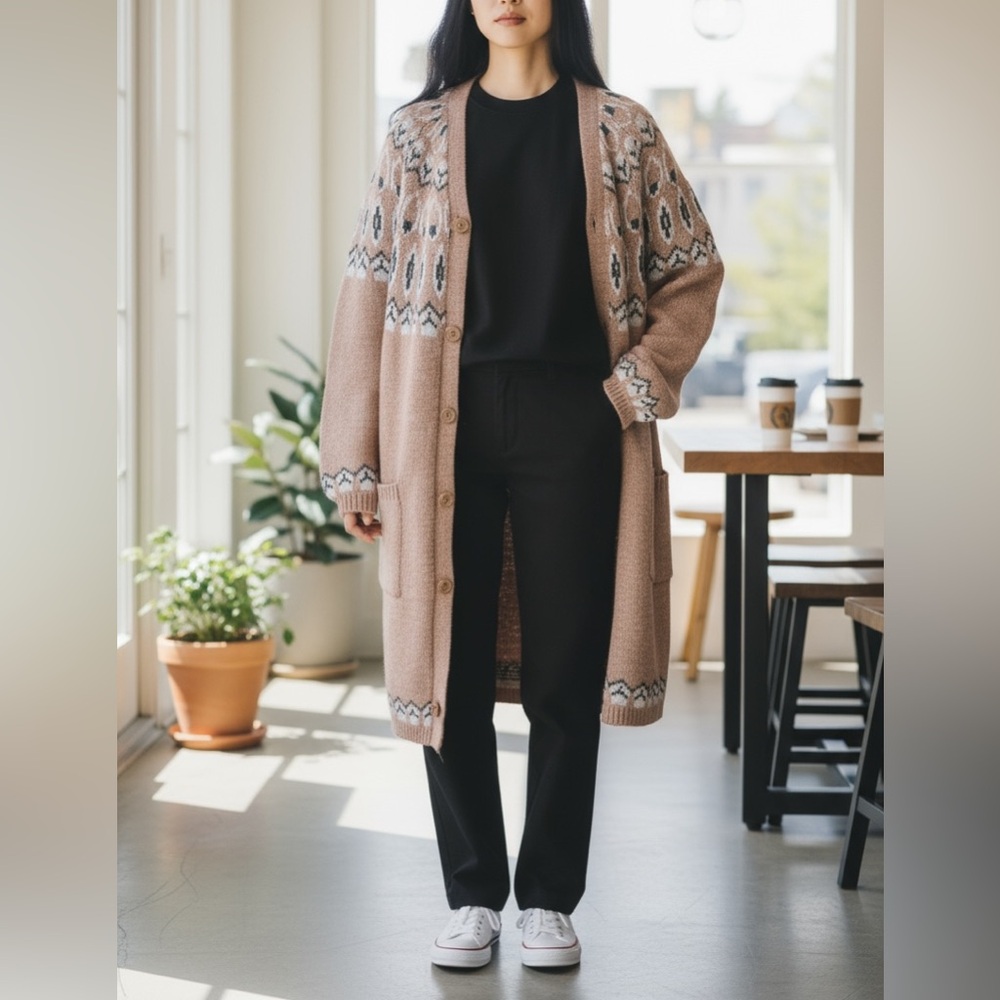 New Max edition Fair Isle Intarsia knit long Cardigan sweater Size Large NEW